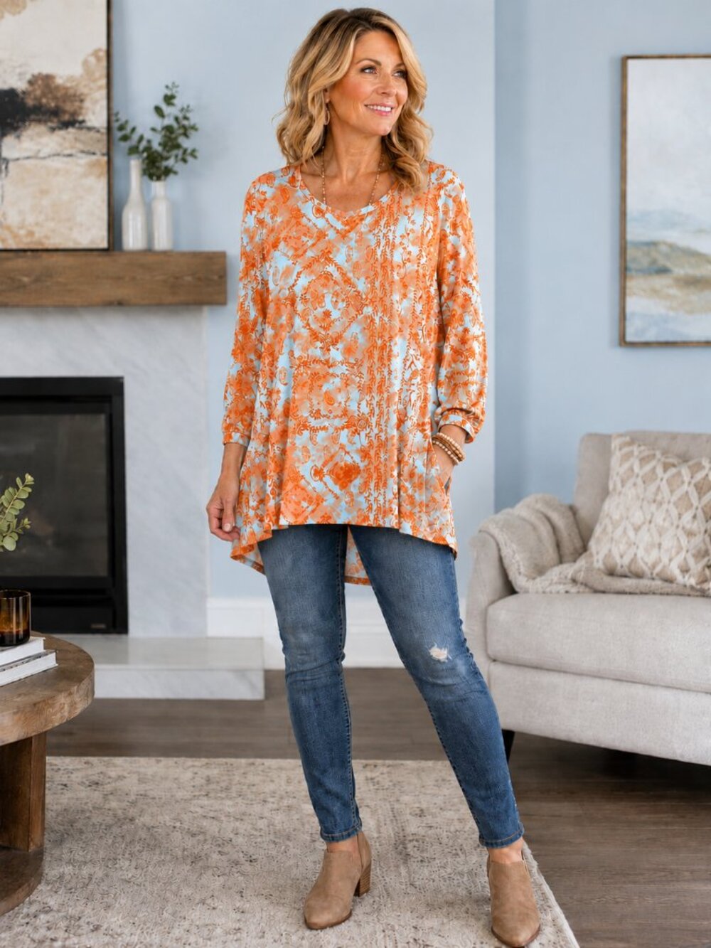 LOGO by Lori Goldstein Lg Slve Scoop Neck Lite Blue/Orange Paisley Print Tunic L